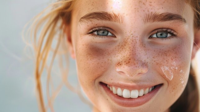 A close-up of a smiling young girl with freckles and blue eyes her face partially covered with a white substance possibly a cream or makeup.