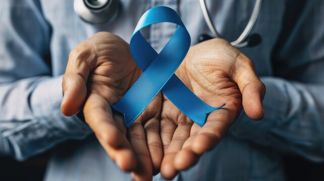 A healthcare professional in a lab coat is holding blue awareness ribbon their open palms.
