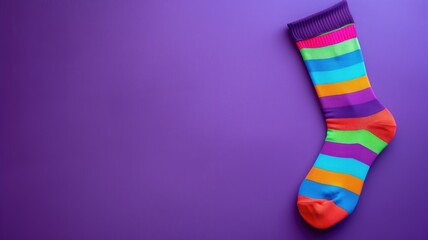 A colorful striped sock against a purple background, with vibrant shades of pink, blue, orange, and green.