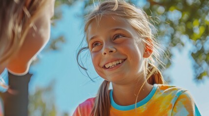 Obraz premium A young girl with a radiant smile looking up at someone with a bright blue sky and green trees in the background.