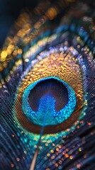 Naklejka premium Closeup of a vibrant peacock feather, photorealistic image with natural lighting ,ultra HD,clean sharp focus