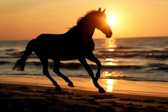 silhouette of horse running at sunset on beach
