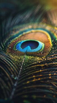 Closeup of a vibrant peacock feather, photorealistic image with natural lighting ,ultra HD,clean sharp focus