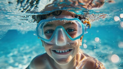 Fototapeta premium A young boy with a joyful expression wearing blue goggles smiling underwater.