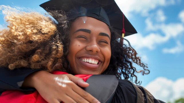 Joyful graduation moment two young women embrace one in cap and gown smiling under a blue sky with fluffy clouds.