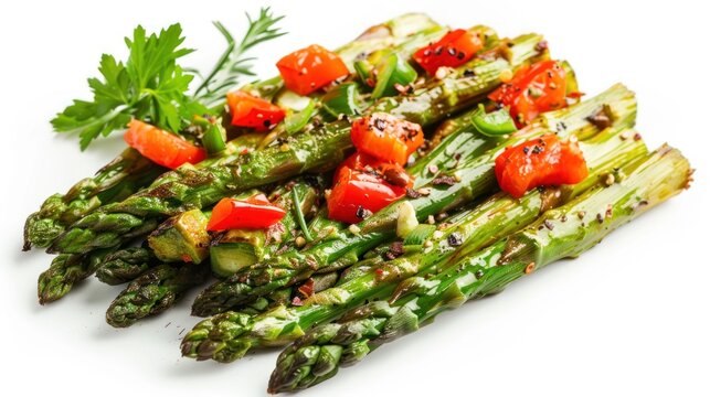 Tasty fried asparagus vegetable with capsicum on white background. AI generated image