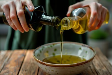 hands holding oil and vinegar bottles pouring into a bowl