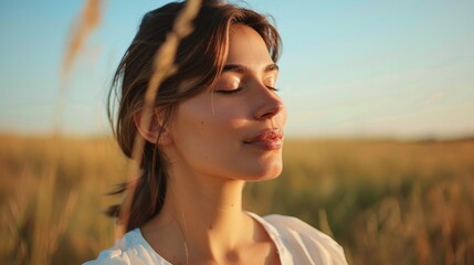 A woman with closed eyes enjoying a serene moment in a field oftall grass with a soft golden light illuminating her face.