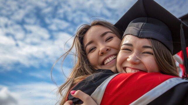 Two young women in graduation caps and gowns embracing each other joyfully against a backdrop of a partly cloudy sky.