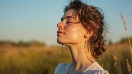 A woman with closed eyes enjoying the serenity of nature standing in a field with her head tilted back basking in the sunlight.