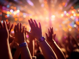 Idol and fan hands together, concert lights background, vibrant colors, sharp focus