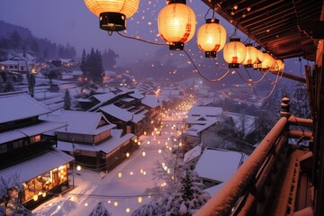 elevated view of a town lit by snow lanterns, streets dusted with snow