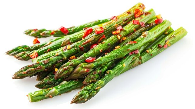 Tasty fried asparagus vegetable with capsicum on white background. AI generated image