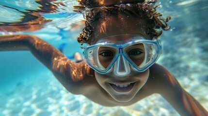 Fototapeta premium A joyful child with curly hair wearing blue goggles swimming underwater with a radiant smile.