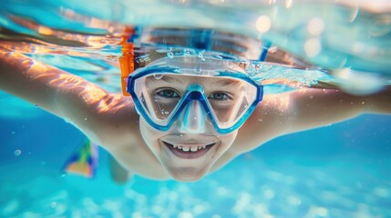 Naklejka premium A joyful child underwater wearing a blue snorkel mask with arms outstretched smiling broadly and surrounded by bubbles.