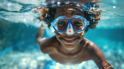 Fototapeta premium A joyful child with curly hair wearing blue goggles swimming underwater with a radiant smile.