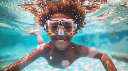 Fototapeta premium A joyful child with curly hair wearing goggles smiling underwater.