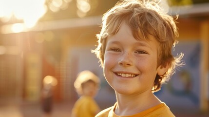 Smiling young boy with freckles wearing yellow shirt standing in front of colorful wall with sunlight shining on his face. - obrazy, fototapety, plakaty