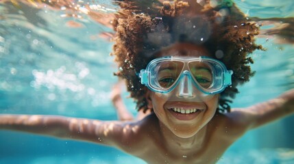 Fototapeta premium A joyful child with curly hair wearing blue goggles smiling underwater in a swimming pool.