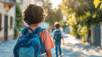 Young child with curly hair wearing a blue backpack walking down a sunny tree-lined street.