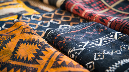 Close-up view of African textiles featuring bold geometric patterns and vibrant colors, representing traditional design and cultural identity