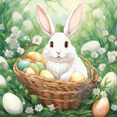 illustration with a funny cute rabbit sitting in a basket on a green background. a rabbit sits in a basket with colorful eggs among grass and flowers