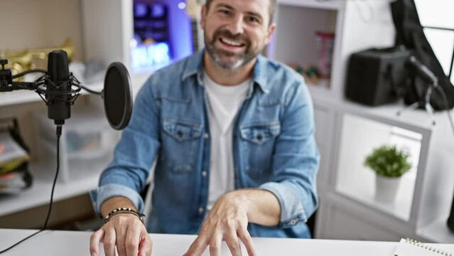 A smiling middle-aged man with grey hair playing keyboard and podcasting in a modern studio.