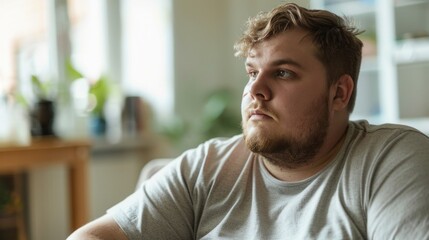 Obraz premium A man with a beard and curly hair wearing a gray t-shirt sitting in a room with a window and plants in the background looking contemplative.