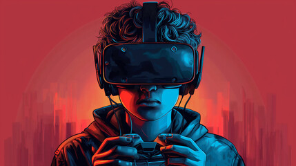 concept of virtual reality technology, graphic of a teenage gamer wearing VR head-mounted playing game.