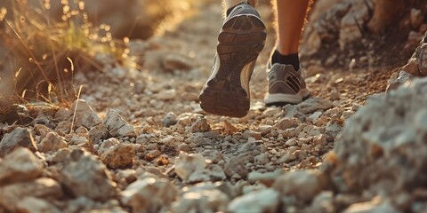 Mans legs in running shoes on rocky mountain trail during ultra marathon race. Concept Trail Running, Ultra Marathon, Mountain Terrain, Running Shoes, Outdoor Fitness