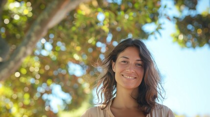 A woman with long brown hair smiling at the camera standing under a tree with bright sunlight filtering through the leaves.