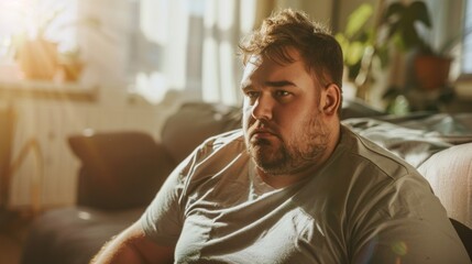 Man with beard sitting on couch looking contemplative in warmly lit room with plants and sunlight streaming in. - obrazy, fototapety, plakaty