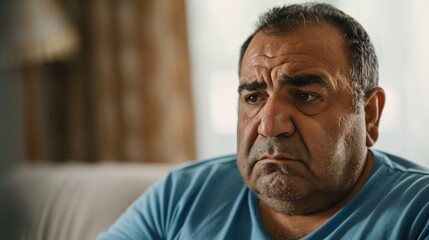 Fototapeta premium Middle-aged man with a serious expression sitting in a dimly lit room with a blurred background wearing a blue t-shirt.