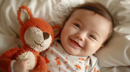 Baby with a big smile holding a plush toy lying on a soft surface surrounded by white bedding exuding joy and innocence.