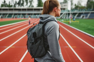 athlete with a sports backpack on the track field