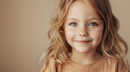 A young girl with freckles blue eyes and blonde hair wearing a beige sweater smiling at the camera. - obrazy, fototapety, plakaty