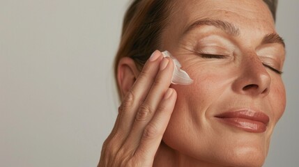 Woman gently massaging her face with a white cream eyes closed enjoying a moment of relaxation and self-care.