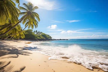 Fototapeta premium A beach with crystal-clear waters, palm trees, and sunbathers, embodying the allure of tropical paradise.