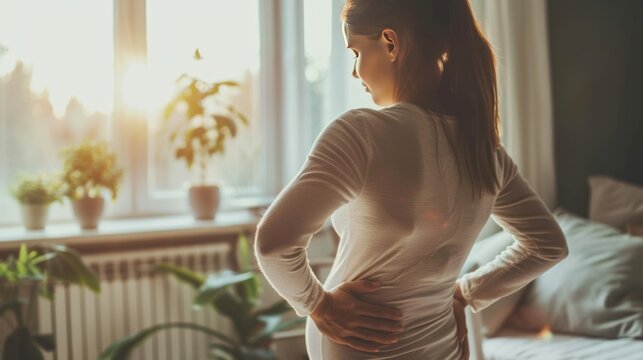 Portrait new pregnant woman feel hurts on her back body part. AI generated image