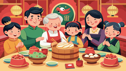 a vector illustration of chinese family eating dim