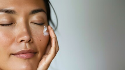 A serene Asian woman gently massages her face with a soothing cream eyes closed in relaxation.
