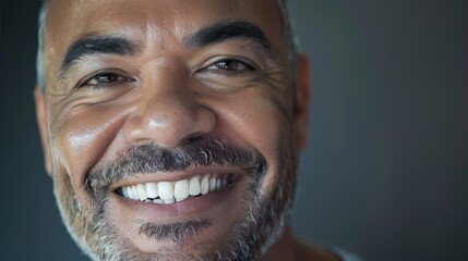 A close-up of a smiling man with a beard and mustache showing his teeth and eyes against a blurred background.