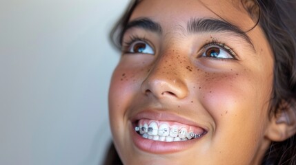 A young girl with a radiant smile showing off her braces looking up with joy and anticipation. - obrazy, fototapety, plakaty