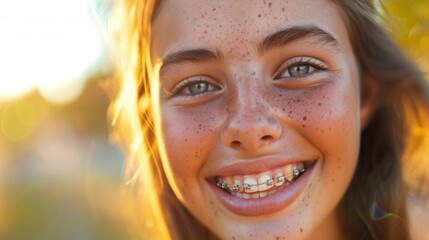 A young girl with freckles and blue eyes wearing braces smiling brightly with sunlight illuminating her face. - obrazy, fototapety, plakaty
