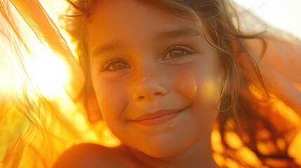 Fototapeta premium A young girl with a radiant smile her hair glowing in the sunlight looking directly into the camera.