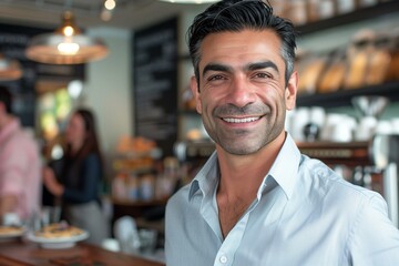 Smiling Businessman Enjoying a Moment in a Coffee Shop