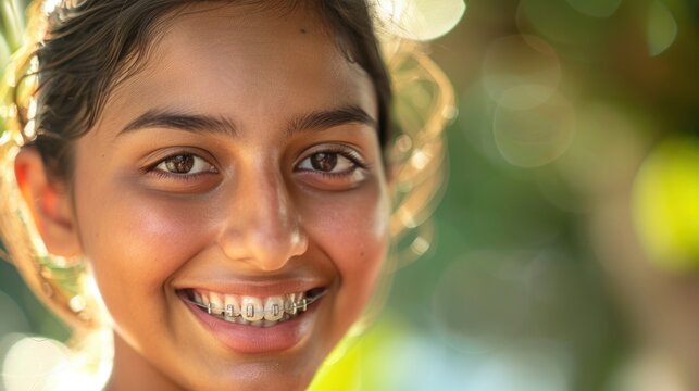 A young girl with a radiant smile wearing braces set against a blurred background of nature.