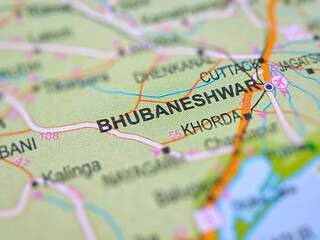 Bhubaneswar on a map of India with blur effect.