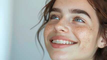 A close-up of a young woman with freckles smiling with braces looking up with a soft expression.