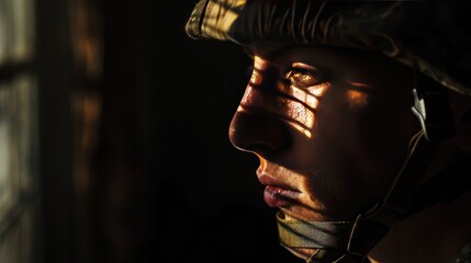 Close up portrait a british soldier with helmet in shadow view. AI generated image